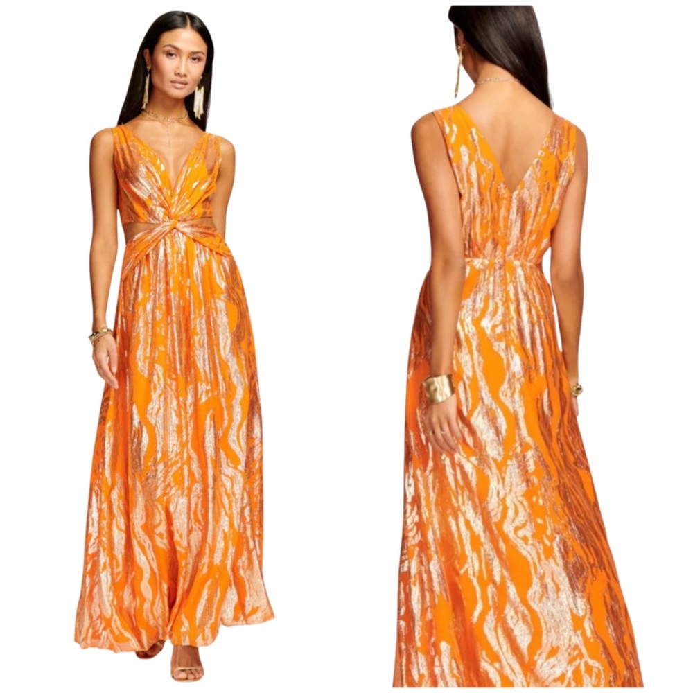 Ramy Brook Orange and White Metallic Twist-Front Maxi Dress